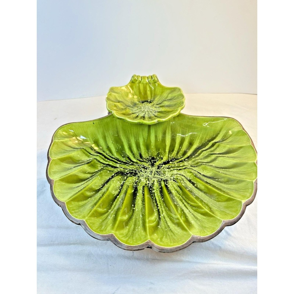 Vintage Treasure Craft MCM Green Clam Shell Chip/Dip Bowl Set 2-Tier Drip Glaze - Picture 2 of 13
